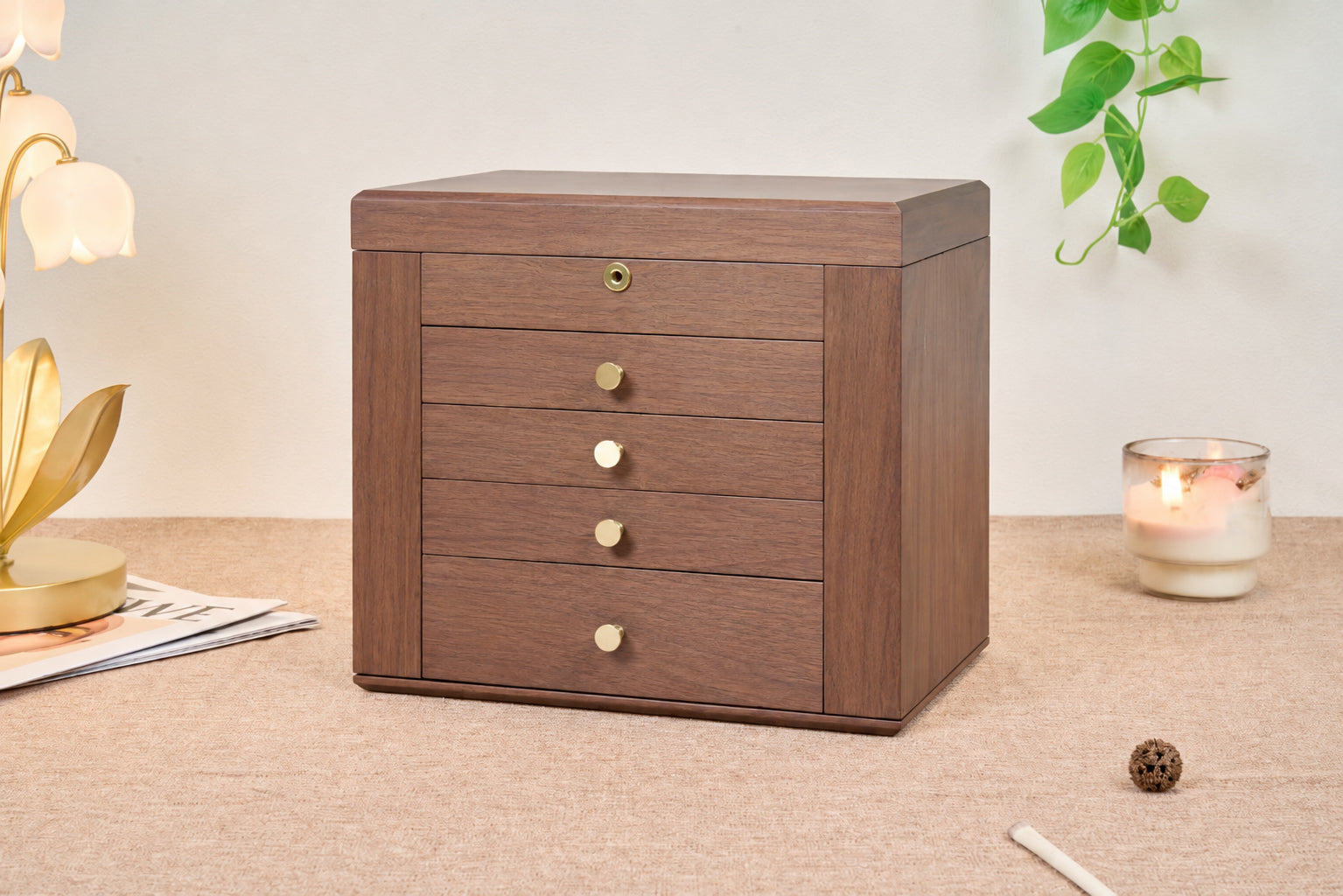 Lockable Walnut Jewelry Box with Mirror, Side Doors & 4 Drawers 2