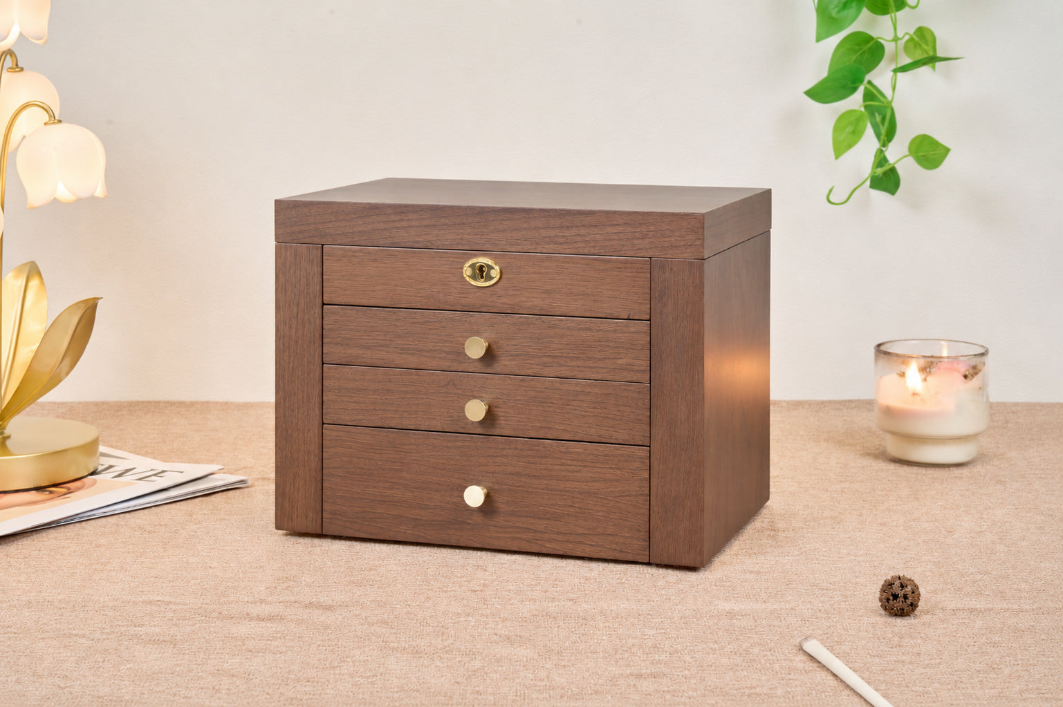 Lockable Walnut Jewelry Box with Mirror, Side Doors & 4 Drawers 3
