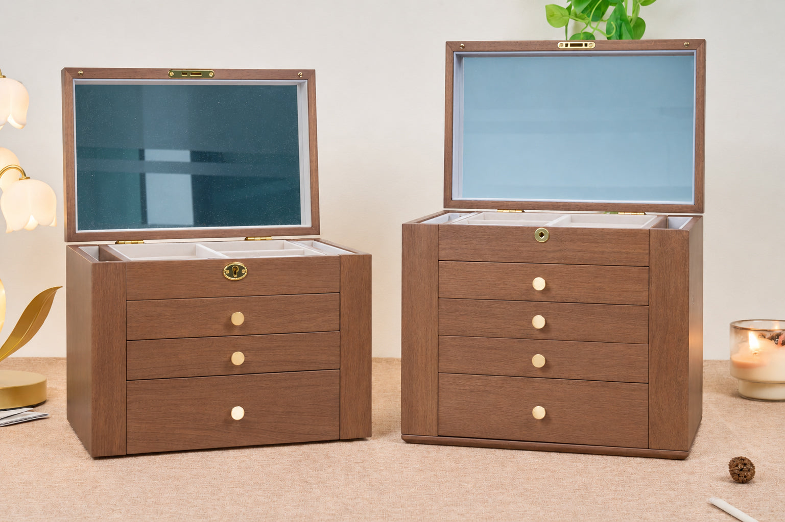 Lockable Walnut Jewelry Box with Mirror, Side Doors & 4 Drawers 5