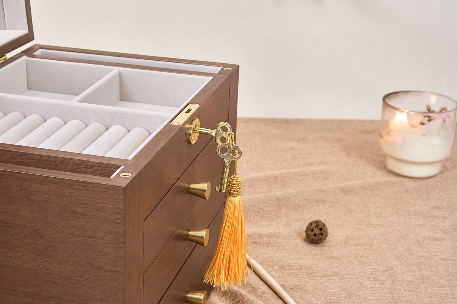 Lockable Walnut Jewelry Box with Mirror, Side Doors & 4 Drawers 10