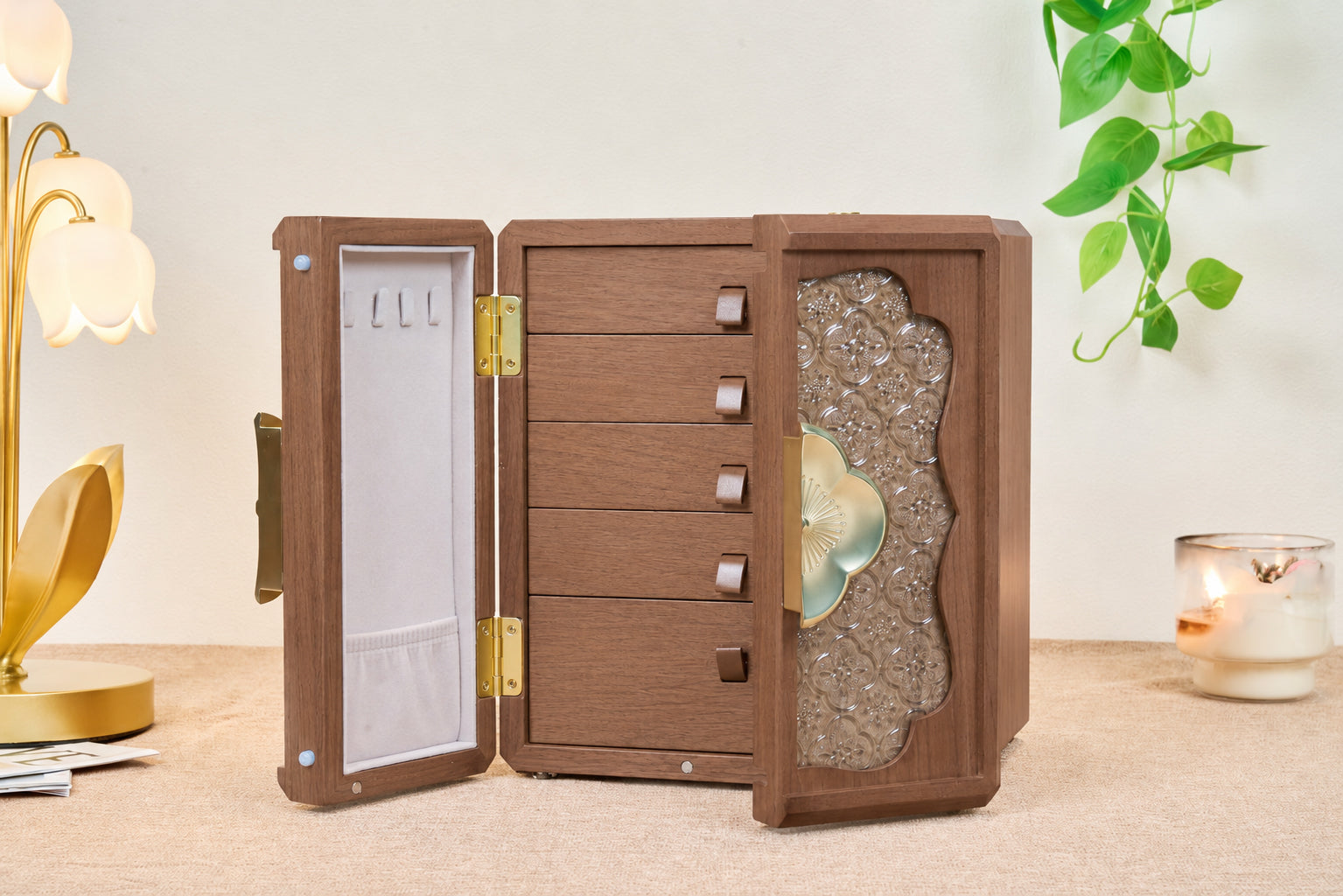 Lockable Walnut Jewelry Cabinet with Flower Hardware & 5 Drawers 8