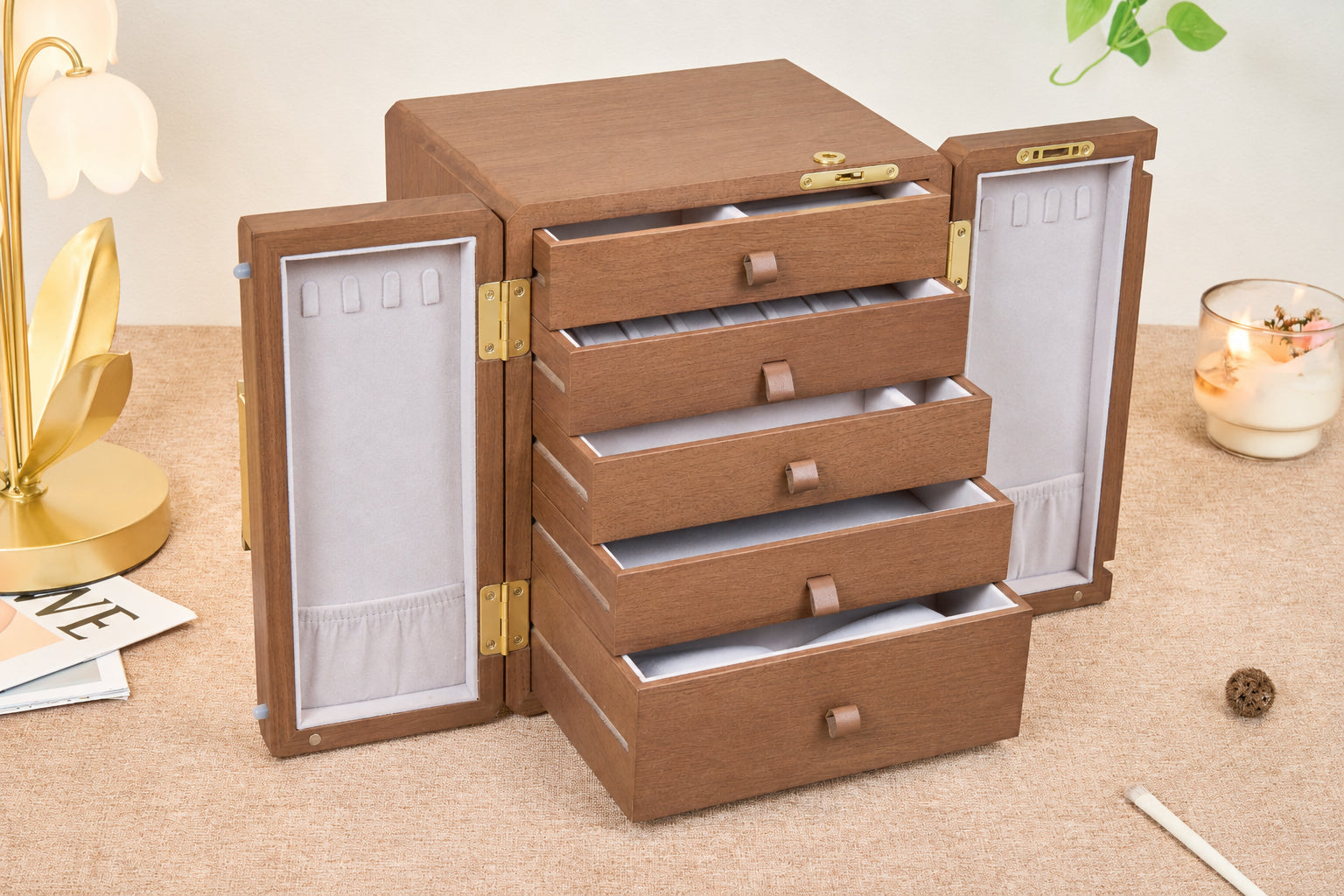 Lockable Walnut Jewelry Cabinet with Flower Hardware & 5 Drawers 10