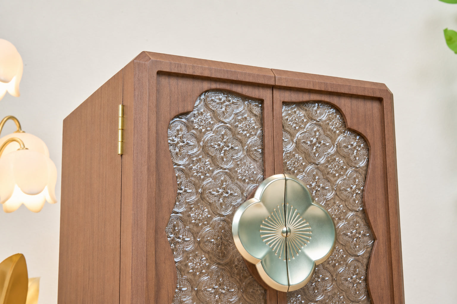 Lockable Walnut Jewelry Cabinet with Flower Hardware & 5 Drawers 13