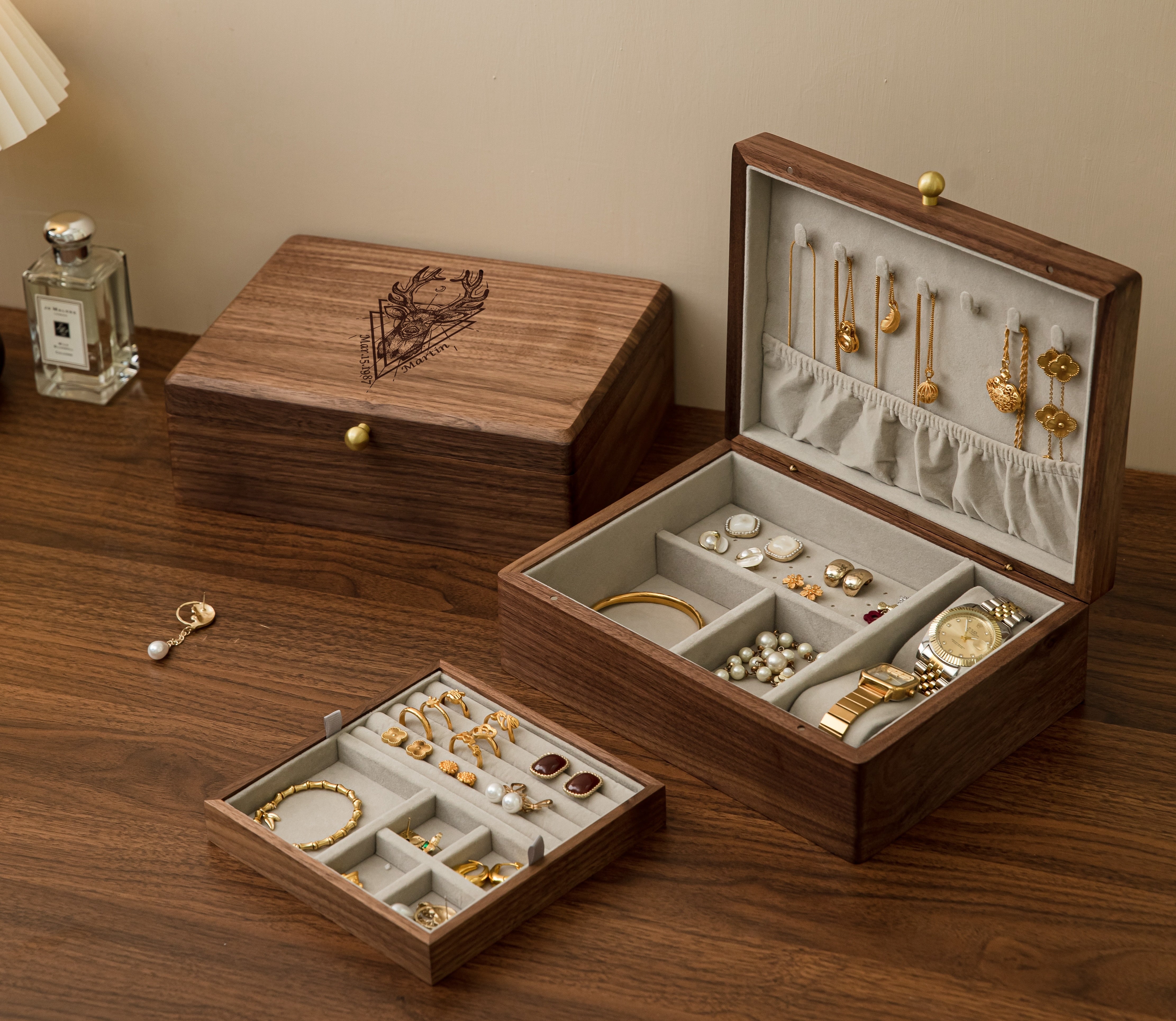 Personalized 1.5-Layer Walnut Jewelry Box